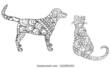 Dog and cat on white. Hand drawn animals with abstract patterns on isolation background. Design for spiritual relaxation for adults. Black and white illustration for coloring. Zen art