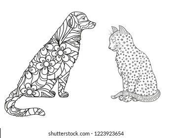 Dog and cat on white. Hand drawn animals with abstract patterns on isolation background. Design for spiritual relaxation for adults. Black and white illustration for coloring. Zen art