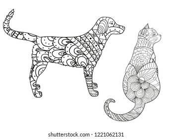 Dog and cat on white. Zentangle. Hand drawn animals with abstract patterns on isolation background. Design for spiritual relaxation for adults. Black and white illustration for coloring. Zen art