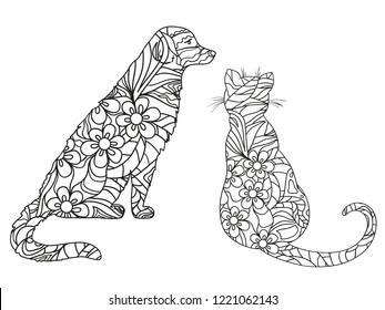 Dog and cat on white. Zentangle. Hand drawn animals with abstract patterns on isolation background. Design for spiritual relaxation for adults. Black and white illustration for coloring. Zen art