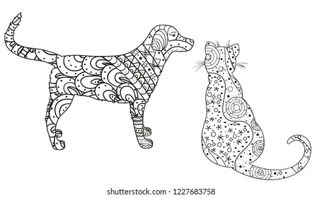 Dog and cat on white. Zentangle. Hand drawn animals with abstract patterns on isolation background. Design for spiritual relaxation for adults. Black and white illustration for coloring. Zen art