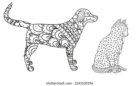 Dog and cat on white. Zentangle. Hand drawn animals with abstract patterns on isolation background. Design for spiritual relaxation for adults. Black and white illustration for coloring. Zen art