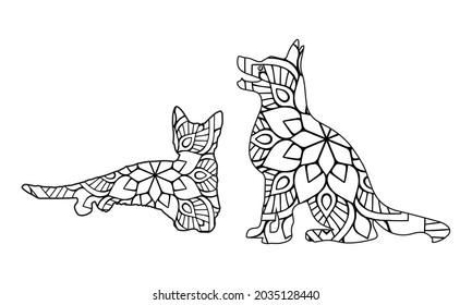 Dog and cat on white. Zentangle. Hand drawn animals with abstract patterns on isolation background. Design for spiritual relaxation for adults. Black and white illustration for coloring. Zen art