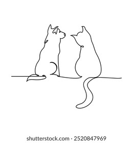 Dog and cat one line continuous. Line art Dog and Cat silhouette. Hand drawn vector art. Cat and dog drawing in one continuous line sketch vector