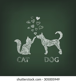 dog and cat painted white chalk on green school board svg