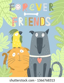 Dog Cat Parrot Forever Friends Animal Poster. Forever animals friends cute hand drawn animals card design.