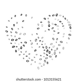 Dog or cat paw black footprint, isolated on white back layer. Doggo, puppy or kitten love foot steps vector contour. Heart shaped animal backdrop of paw footprint for holiday