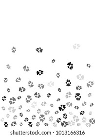 Dog or cat paw black footprint, isolated on white back layer. Doggo, puppy or kitten foot steps vector contour. Cute animal backdrop of paw foot print for illustration or fashion design.