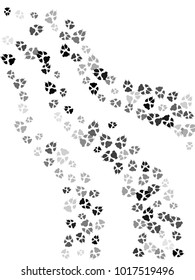 Dog or cat paw black footprint, isolated on white back layer. Doggo, puppy or kitten foot steps vector contour. Cute animal backdrop of paw foot print for illustration or interior design.