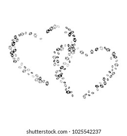 Dog Or Cat Paw Black Footprint, Isolated On White Back Layer. Doggo, Puppy Or Kitten Love Foot Steps Vector Contour. Heart Shaped Animal Background Of Paw Footprint For Holiday