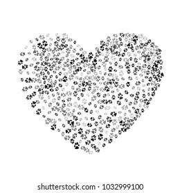 Dog Or Cat Paw Black Footprint, Isolated On White Back Layer. Doggo, Puppy Or Kitten Love Foot Steps Vector Contour. Heart Shaped Animal Backdrop Of Paw Footprint For Holiday