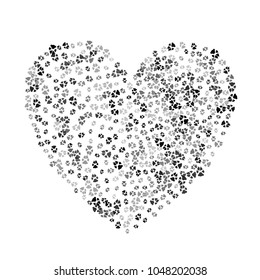 Dog or cat paw black footprint, isolated on white back layer. Doggo, puppy or kitten love foot steps vector silhouette. Heart shaped animal background of paw footprint for holiday