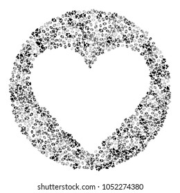 Dog or cat paw black footprint, isolated on white back layer. Doggo, puppy or kitten love foot steps vector contour. Heart shaped animal backdrop of paw footprint for holiday