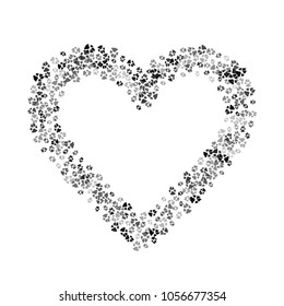 Dog Or Cat Paw Black Footprint, Isolated On White Back Layer. Doggo, Puppy Or Kitten Love Foot Steps Vector Contour. Heart Shaped Animal Backdrop Of Paw Footprint For Holiday