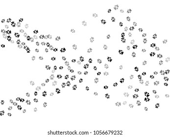 Dog or cat paw black footprint, isolated on white back layer. Doggo, puppy or kitten foot steps vector silhouette. Cute animal background of paw foot print for illustration or interior design.