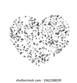 Dog Or Cat Paw Black Footprint, Isolated On White Back Layer. Doggo, Puppy Or Kitten Love Foot Steps Vector Contour. Heart Shaped Animal Backdrop Of Paw Footprint For Holiday