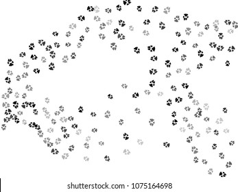 Dog or cat paw black footprint, isolated on white back layer. Doggo, puppy or kitten foot steps vector contour. Cute animal background of paw foot print for illustration or interior design.