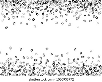 Dog or cat paw black footprint, isolated on white back layer. Doggo, puppy or kitten foot steps vector contour. Cute animal background of paw foot print for illustration or interior design.
