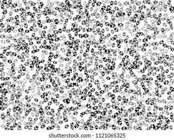 Dog or cat paw black footprint, isolated on white back layer. Doggo, puppy or kitten foot steps vector silhouette. Cute animal backdrop of paw foot print for illustration or interior design.