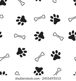 Dog, cat paw and bone seamless pattern vector illustration. Animal, pet, wallpaper, white, background