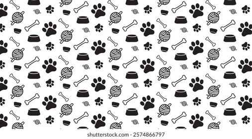 Dog, cat paw and bone seamless pattern vector illustration. Animal, pet, wallpaper, white, background