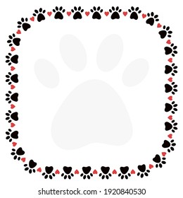 Dog or cat paw border frame with hearts and big transparent paw silhouette. Template design with copy space for pet shops, adoption, veterinary certificates. Printable banner with place for text
