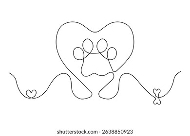 Dog and cat paw  continuous one line art drawing of pet footprint outline minimalist single line unique vector illustration