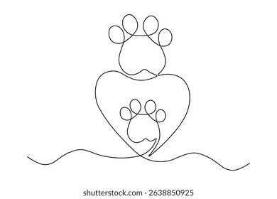 Dog and cat paw  continuous one line art drawing of pet footprint outline minimalist single line unique vector illustration