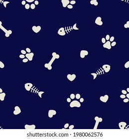 Dog and cat paw, fishbone, and heart vector illustration seamless background design.
