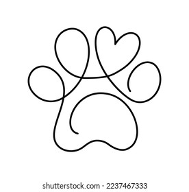 Hunde oder Katzen Pfosten Fußabdruck und Herz in kontinuierlicher ein Linie Zeichnen Logo. Minimale Linie Kunst. Tier im Herzen. Haustiere lieben Konzept Monoline.