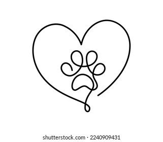 Dog or cat paw footprint and heart in continuous one line drawing logo. Minimal line art. Animal in heart. Pets love concept monoline.