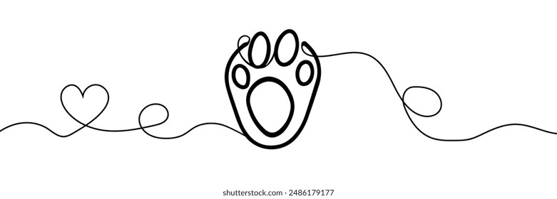 Dog or cat paw footprint and heart in continuous one line drawing of minimal out line art. Animal in heart Pets love concept abstract drawing