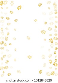 Dog or cat paw gold footprint, isolated on white background.  Doggo, puppy or kitten foot steps luxury vector silhouette. Cute animal backdrop of paw foot print for illustration or fashion design.