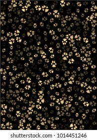 Dog or cat paw gold footprint, isolated on black background.  Doggo, puppy or kitten foot steps luxury vector silhouette. Cute animal background of paw foot print for illustration or fashion design.