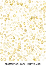 Dog or cat paw gold footprint, isolated on white background.  Doggo, puppy or kitten foot steps luxury vector silhouette. Cute animal backdrop of paw foot print for illustration or fashion design.