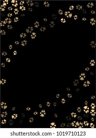 Dog or cat paw gold footprint, isolated on black background.  Doggo, puppy or kitten foot steps luxury vector silhouette. Cute animal background of paw foot print for illustration or fashion design.