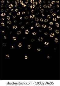 Dog or cat paw gold footprint, isolated on black back layer.  Doggo, puppy or kitten foot steps luxury vector silhouette. Cute animal background of paw foot print for illustration or interior design.