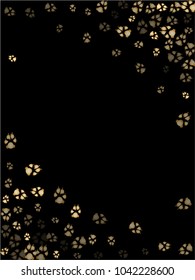 Dog or cat paw gold footprint, isolated on black back layer.  Doggo, puppy or kitten foot steps luxury vector silhouette. Cute animal background of paw foot print for illustration or interior design.