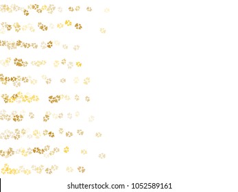 Dog or cat paw gold footprint, isolated on white back layer. Doggo, puppy or kitten foot steps luxury vector contour. Cute animal background of paw foot print for illustration or fashion design.
