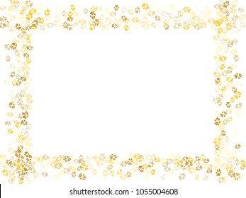 Dog or cat paw gold footprint frame, isolated on white back layer. Doggo, puppy or kitten foot steps luxury vector contour. Cute animal background of paw foot print for illustration or interior design
