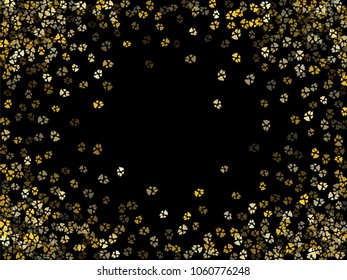 Dog or cat paw gold footprint, isolated on black back layer. Doggo, puppy or kitten foot steps luxury vector contour. Cute animal background of paw foot print for illustration or fashion design.