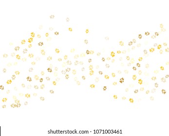 Dog or cat paw gold footprint, isolated on white back layer. Dog, puppy or kitten foot steps luxury vector contour. Cute animal background of paw foot print for illustration or fashion design.