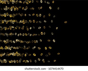 Dog or cat paw gold footprint, isolated on black back layer. Doggo, puppy or kitten foot steps luxury vector contour. Cute animal backdrop of paw foot print for illustration or fashion design.