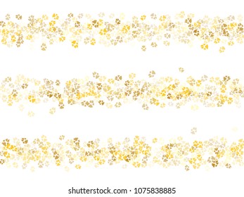 Dog or cat paw gold footprint, isolated on white back layer. Doggo, puppy or kitten foot steps luxury vector contour. Cute animal background of paw foot print for illustration or interior design.