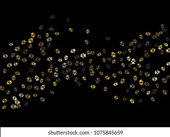 Dog or cat paw gold footprint, isolated on black back layer. Doggo, puppy or kitten foot steps luxury vector silhouette. Cute animal backdrop of paw foot print for illustration or fashion design.