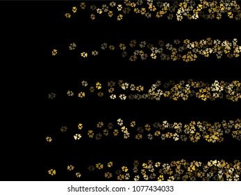 Dog or cat paw gold footprint, isolated on black back layer. Doggo, puppy or kitten foot steps luxury vector contour. Cute animal background of paw foot print for illustration or interior design.