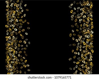 Dog or cat paw gold footprint, isolated on black back layer. Doggo, puppy or kitten foot steps luxury vector contour. Cute animal backdrop of paw foot print for illustration or interior design.