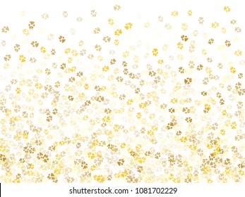 Dog or cat paw gold footprint, isolated on white back layer. Doggo, puppy or kitten foot steps luxury vector silhouette. Cute animal background of paw foot print for illustration or interior design.