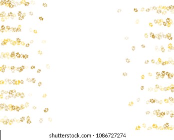 Dog or cat paw gold footprint, isolated on white back layer. Doggo, puppy or kitten foot steps luxury vector silhouette. Cute animal background of paw foot print for illustration or fashion design.