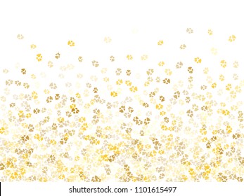 Dog or cat paw gold footprint, isolated on white back layer. Doggo, puppy or kitten foot steps luxury vector contour. Cute animal background of paw foot print for illustration or interior design.